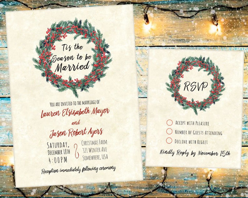 Christmas Wedding Invitation Set Reception Red and Green Berry Christmas Wreath Wedding Invitations RSVP Thank you Card Printables