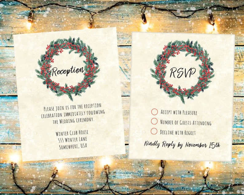 Christmas Wedding Invitation Set Reception Red and Green Berry Christmas Wreath Wedding Invitations RSVP Thank you Card Printables