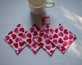 Valentine's day hearts coasters, set of 4, red, pink, white, handmade mug rugs