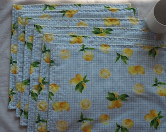 Blue and yellow gingham lemon placemats, handmade, set of 6