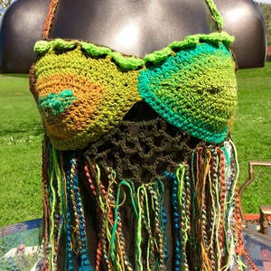 Fringed fairy goddess crochet halter bikini top handmade festival bohemian green forest