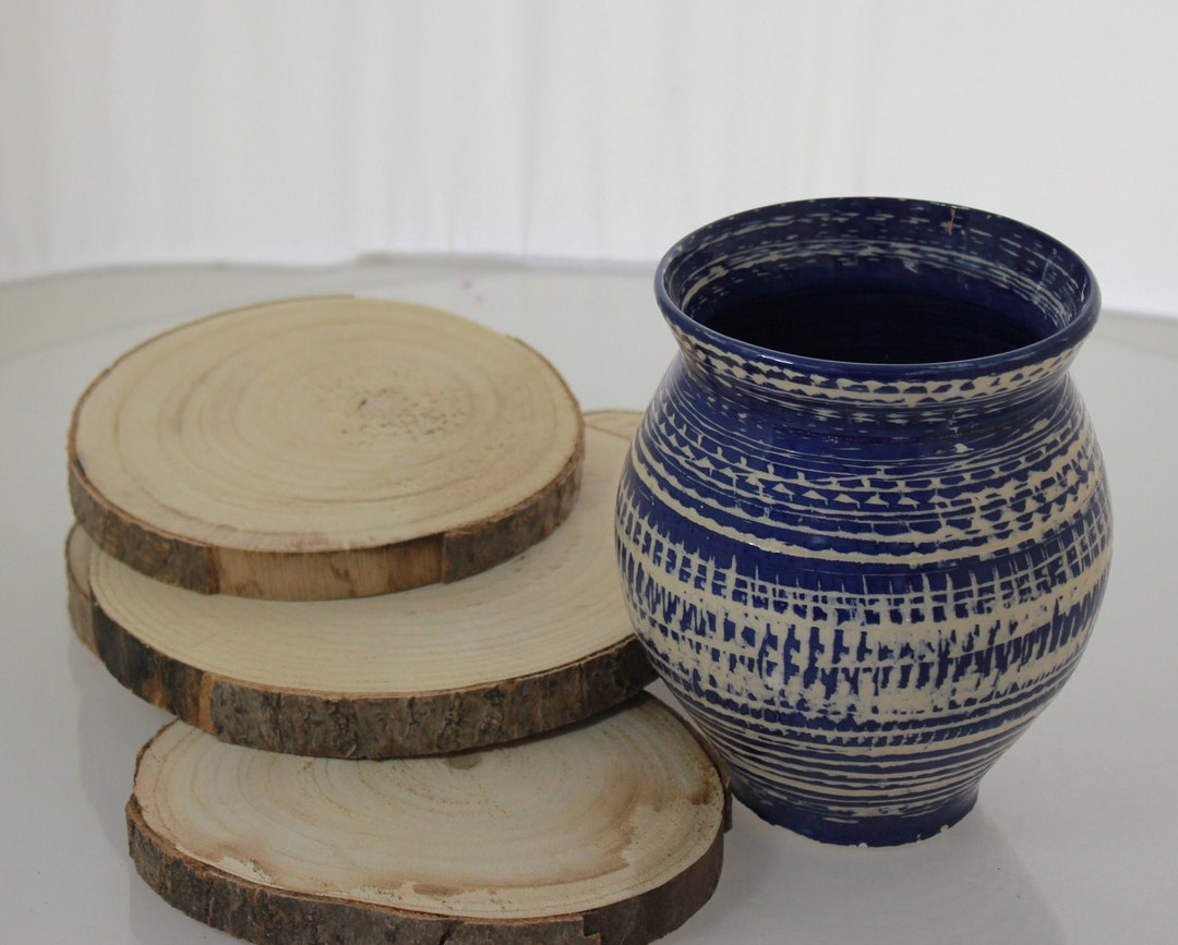 Hand Thrown Stoneware Vase in a Blue Underglaze With a Pattern Cut in ...