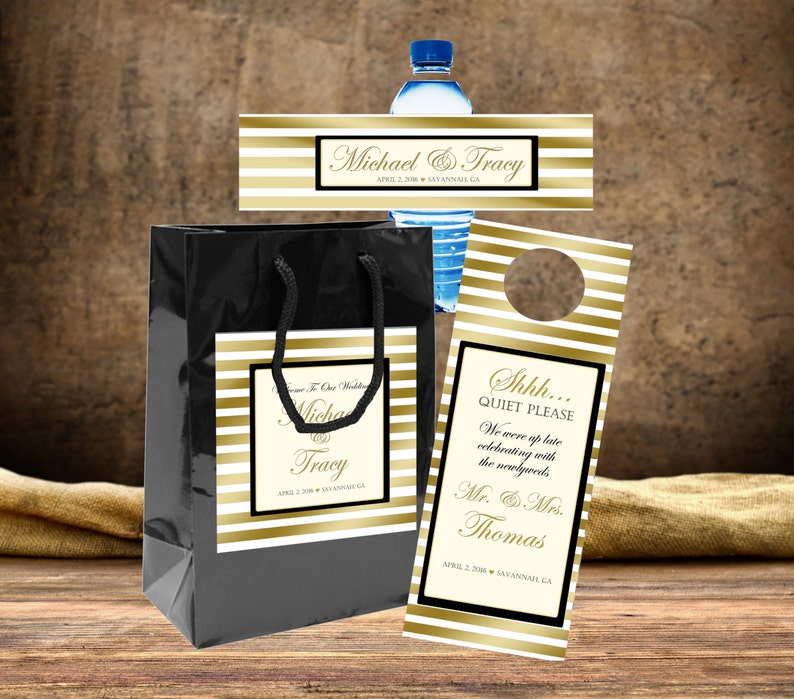 hotel guests hospitality bags 20 Wedding Welcome Bag labels Gold Stripe with Blush Pink Accents for wedding favors goody bags