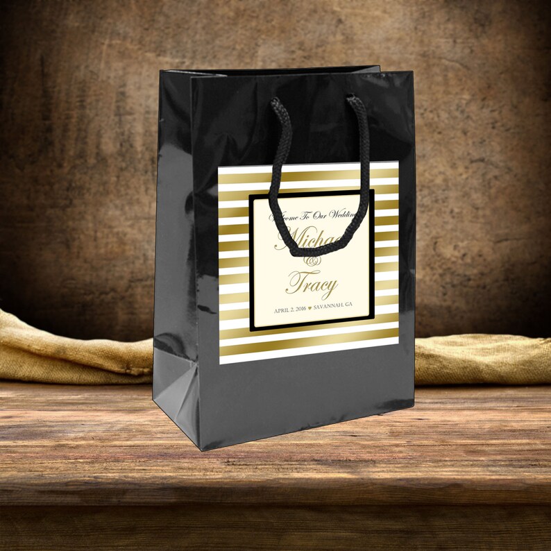 hotel guests hospitality bags 20 Wedding Welcome Bag labels Gold Stripe with Blush Pink Accents for wedding favors goody bags
