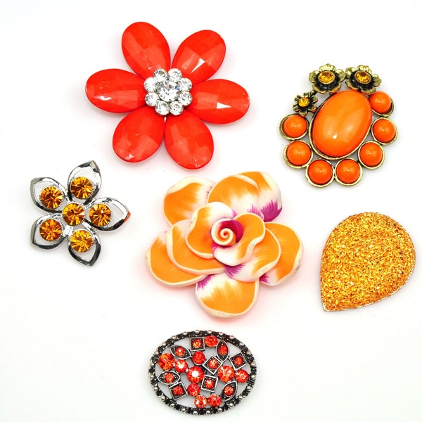 6 pcs set - Assorted brooches, orange rhinestone brooches, orange flower brooch, silver brooch good for Brooch Bouquet hair Comb FB-017