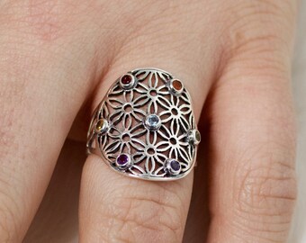 Flower of Life Gemstone Chakra Ring // Chakra Jewelry // Sterling Silver // Yoga Jewelry // Village Silversmith