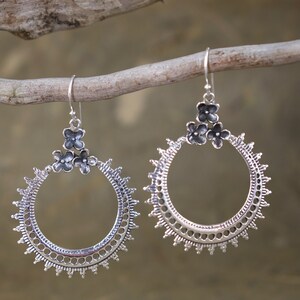 Triple Flower, Spiked Trim Silver Dangle Hoop Earrings // Floral Jewelry // Silver Jewelry // Sterling Silver // Village Silversmith