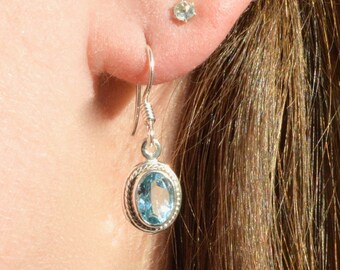 Oval Blue Topaz Earring with Braided Setting // Blue Topaz Jewelry // Sterling Silver // Village Silversmith