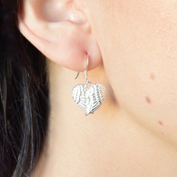 Wing Heart Earrings // Silver Dangle Earrings // Sterling Silver