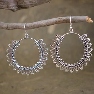 Petal Trimmed Silver Dangle Hoop Earrings // Floral Jewelry // Silver Jewelry // Sterling Silver // Village Silversmith