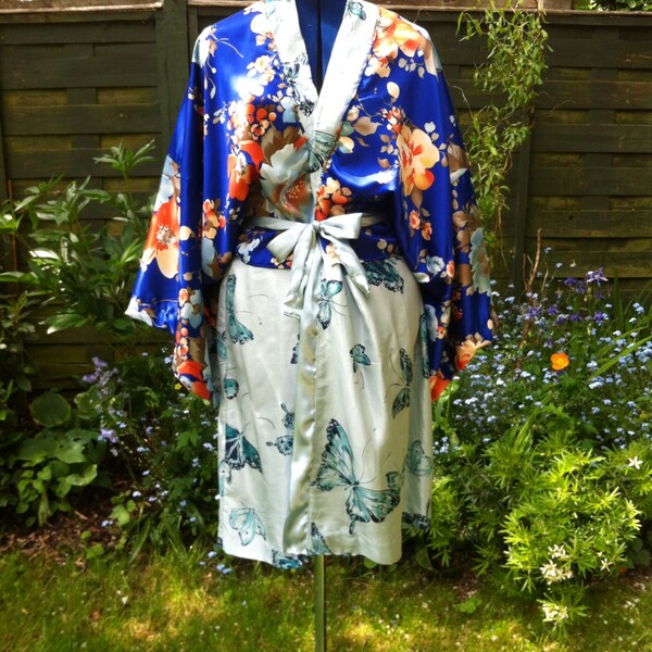 Oriental Kimono Dressing Gown Robe in Blues with Orange Blossems and Butterflies, Handmade with Vintage Silk Fabrics, Unique