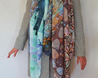 FeFiFo Pattern Mix, Wrap Around, Extra Large Scarf or hijab, blues, lilacs, Oranges and turquoise, Silk/Modal, Digital Printed Fabric,