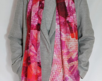 Textureal Fragments, Flame Red and Pink, Silk/Modal Fabric, FeFiFo, Long and Slim, Textile, Scarf,