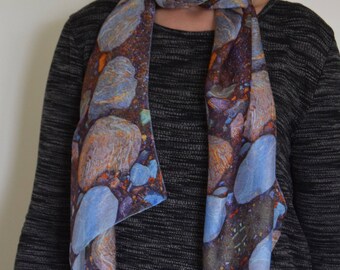 Sedimented Galaxy of Rocks, Greys, Blues, Browns Speckled Orange and Green, Silk/Modal Fabric, FeFiFo, Long and Slim Scarf, Digital Textiles