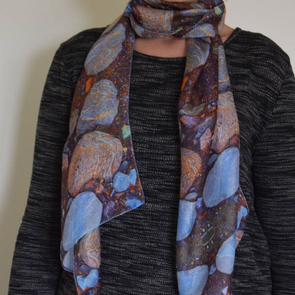 Sedimented Galaxy of Rocks, Greys, Blues, Browns Speckled Orange and Green, Silk/Modal Fabric, FeFiFo, Long and Slim Scarf, Digital Textiles