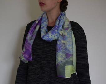 Natures Camouflage, Exposed Moss Rocks, Lime Green, Blues & Purples, Silk/Modal Fabric, FeFiFo, Long and Slim Scarf, Digital Textiles