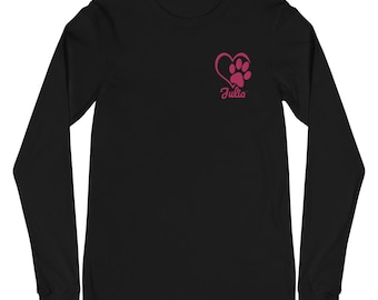 Personalisiertes Dog Walker Langarm-T-Shirt: Gesticktes Herz-Tatzen-Design