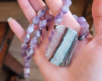 Pim, OOAK Amethyst Stalactite Slice, Amethyst Faceted Nugger Beads and Sterling Silver Necklace