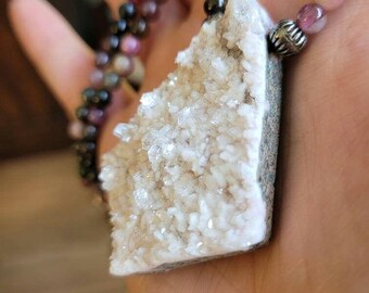 Orla, Sterling Silver Druzy White Glittery Quartz and Tourmaline Beaded Necklace