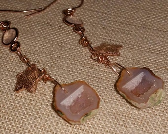 Sale: Reduced from 85.00 Pink Tabasco Geode and Rose Gold Plated Earrings