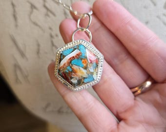 Sterling Silver Spiny Oyster, Turquoise and Copper Hexagon Pendant and Paperclip Chain