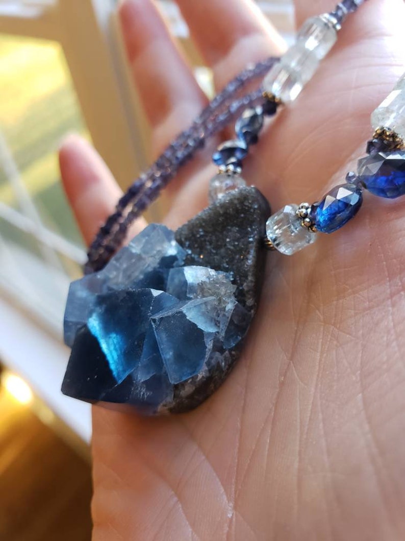 Iolite Color Changing PurpleBlue Flourite Drusy Aquamarine and Kyanite Necklace Amrin