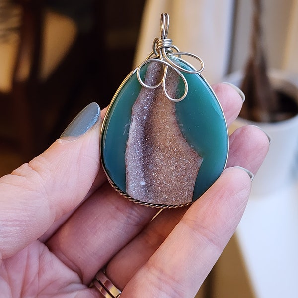 Dyed Agate Drusy Wirewrapped Pendant