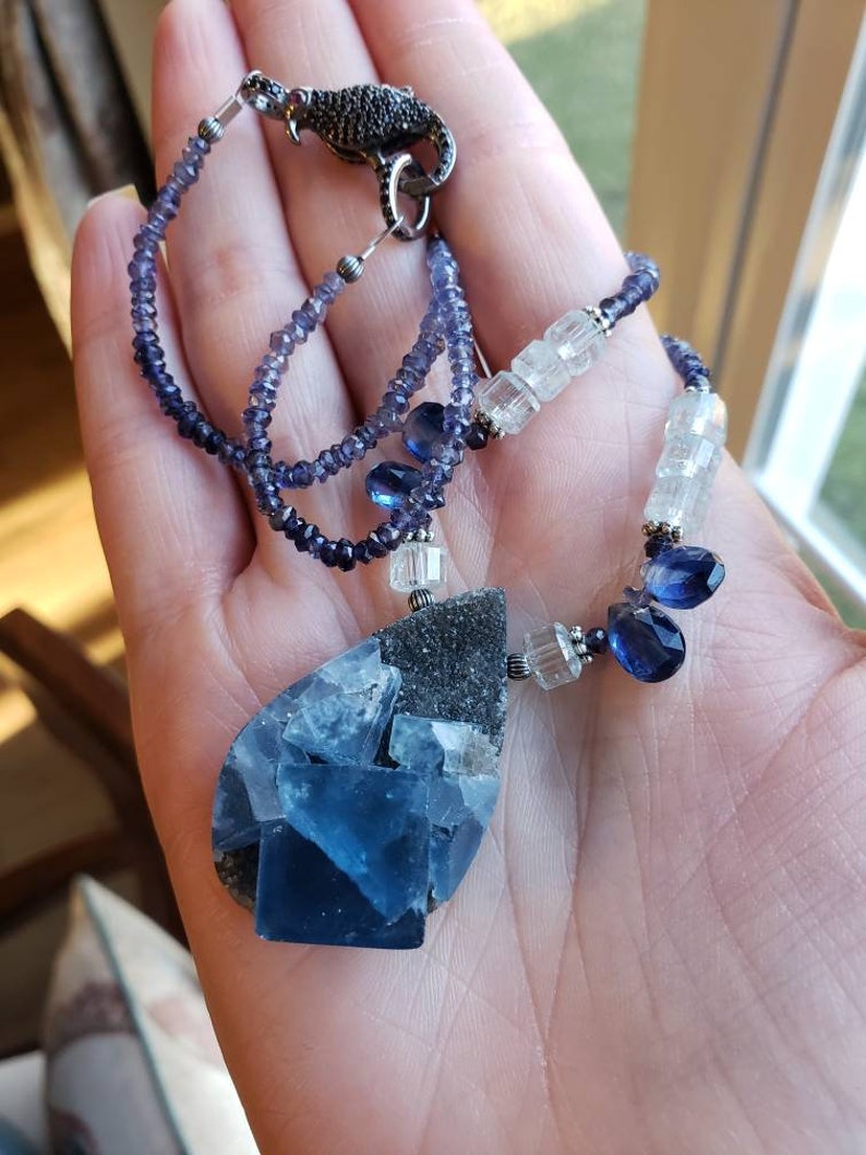 Iolite Color Changing PurpleBlue Flourite Drusy Aquamarine and Kyanite Necklace Amrin
