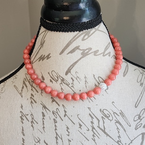 Coral Shell Beads and Swarovski Crystal Sterling Silver Necklace