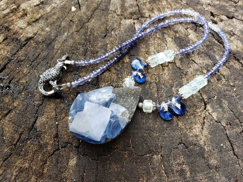 Iolite Color Changing PurpleBlue Flourite Drusy Aquamarine and Kyanite Necklace Amrin