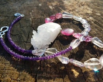 Sterling Silver, Quartz Crystal, Pink Tourmaline, Pink Amethyst and Amethyst Necklace