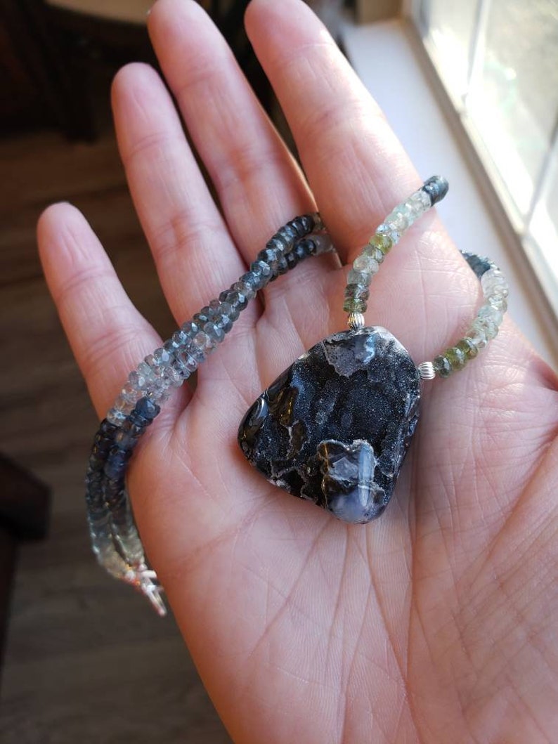 Psilomelane Drusy and Aquamarine SS Gemstone Beaded Necklace