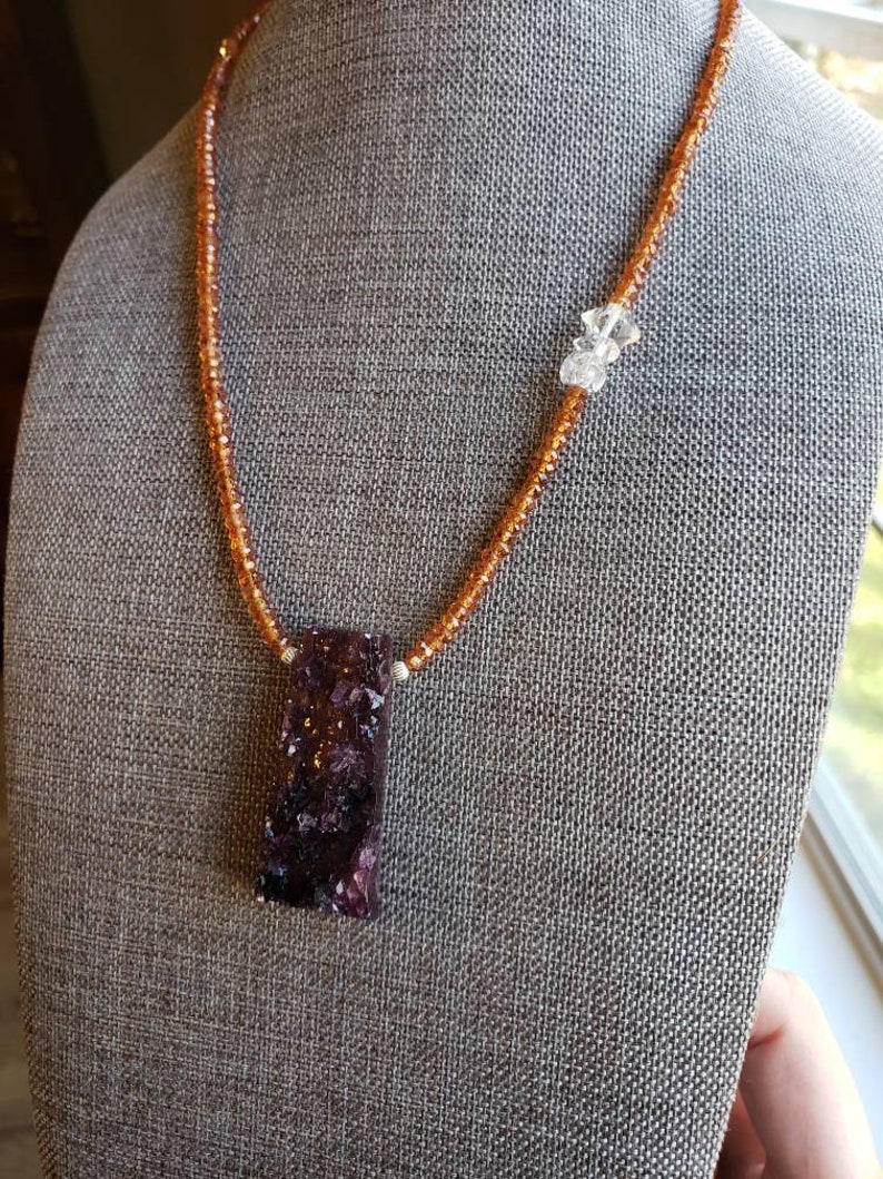 Grape Jelly Herkimer Diamond SS Necklace Orange Garnet Purple Fluorite Drusy