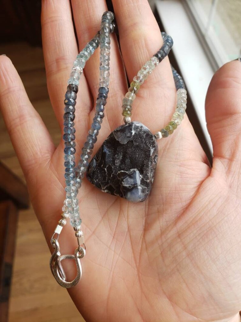 Psilomelane Drusy and Aquamarine SS Gemstone Beaded Necklace