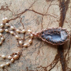 Blue Agate Geode and Freshwater Pearl Rose Gold Plated Necklace image 2