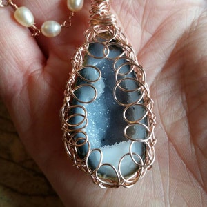 Blue Agate Geode and Freshwater Pearl Rose Gold Plated Necklace image 5