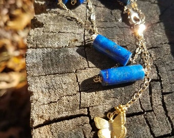 Tubular Lapis and Yellow Gold Filled Necklace