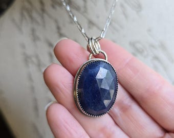 Sterling Silver Partially Oxidized Rosecut Blue Sapphire Pendant and 18 inch Paperclip Chain