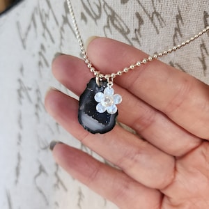 Runa, Purple Tabasco Geode and Sterling Silver Flower Charm with Sterling Silver Beaded Chain