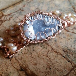 Blue Agate Geode and Freshwater Pearl Rose Gold Plated Necklace image 1