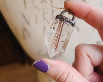 Oxidized Copper Electroformed Rutilated Quartz Pendant and Rose Gold plated Beaded Chain