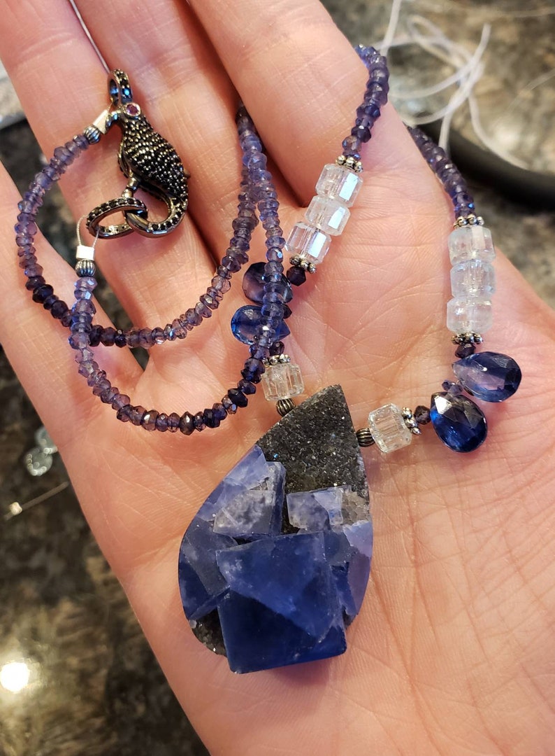 Iolite Color Changing PurpleBlue Flourite Drusy Aquamarine and Kyanite Necklace Amrin