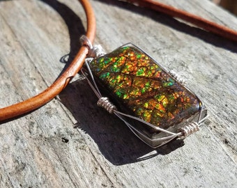 Dragonskin Ammolite Sterling Silver Wirewrapped Pendant and Leather Necklace