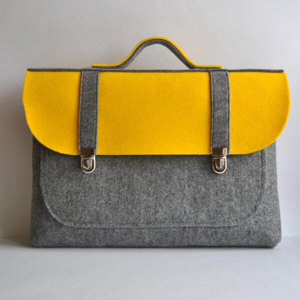 13 MacBook Pro Felt briefcase, laptop bag with a pockets, satchel gray with yellow, Common Laptop Bag Messenger Bag