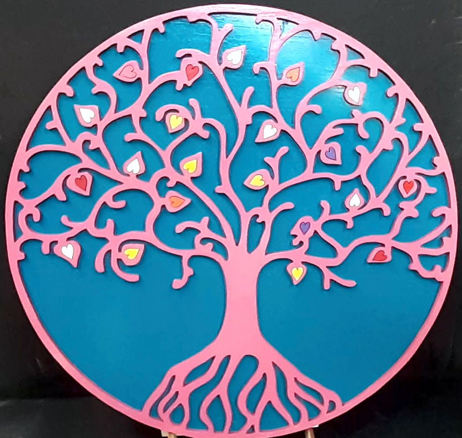 Baum des Lebens Wandkunst Türkis und rosa mit farbigen Herzen | Etsy