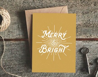 Friend Holiday Card, Merry and Bright Card, Boxed Christmas Card Set, Holiday Cards, Christmas Card, Gold Christmas Card, Rustic Christmas