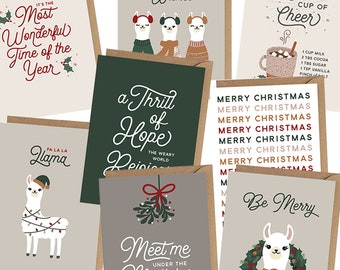 Christmas Card Bundle - Set of 16, Funny Holiday Cards, Merry Christmas Card, Llama Card, Bulk Holiday Cards