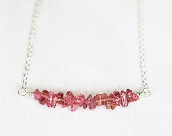 Pink Tourmaline Necklace Sterling Silver, Raw Tourmaline Jewellery, October Birthstone Necklace, Gemstone Chip Necklace, Raw Birthstone