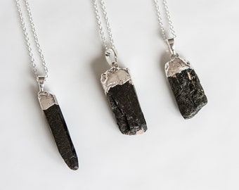 Rough Gemstone Pendant, Mens Stone Necklace, Gifts For Him, Black Tourmaline Pendant Silver, Chunky Stone Pendant, Natural Tourmaline Raw