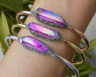 Raw Crystal Bracelet, Rough Crystal Bangle, 25th Birthday Gift Ideas, Trending Now, Purple Aura Quartz Bangle, Purple Crystal Jewellery